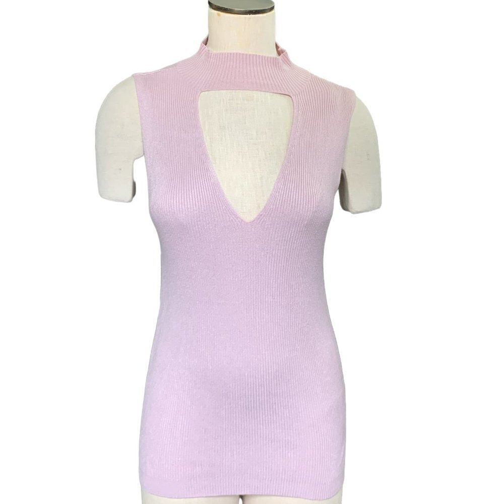 Express L Sleeveless V-Neck/Mock-Cut-Out Pink Rib‎ Knit Top Barbiecore 48Q